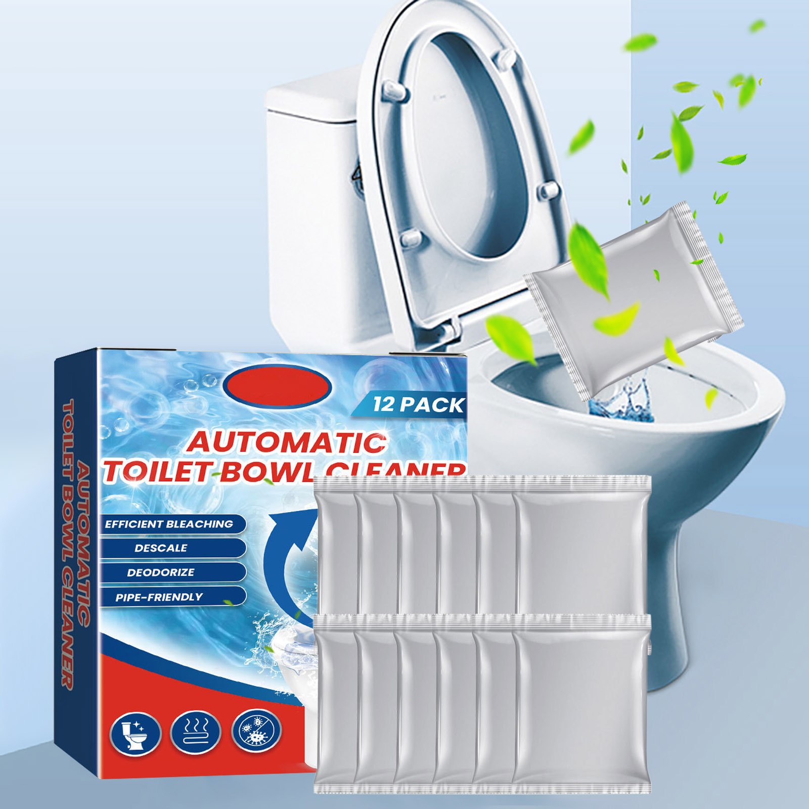 Septic Safe Toilet Bowl Cleaning Tablets, 12 Count Automatic Toilet Cleaner \u0026 Deodorizer, 3 Month Supply, Self Cleaning Effervescent Fizzing Tablets for Tank \u0026 Bowl, Removes Hard Water Stains \u0026